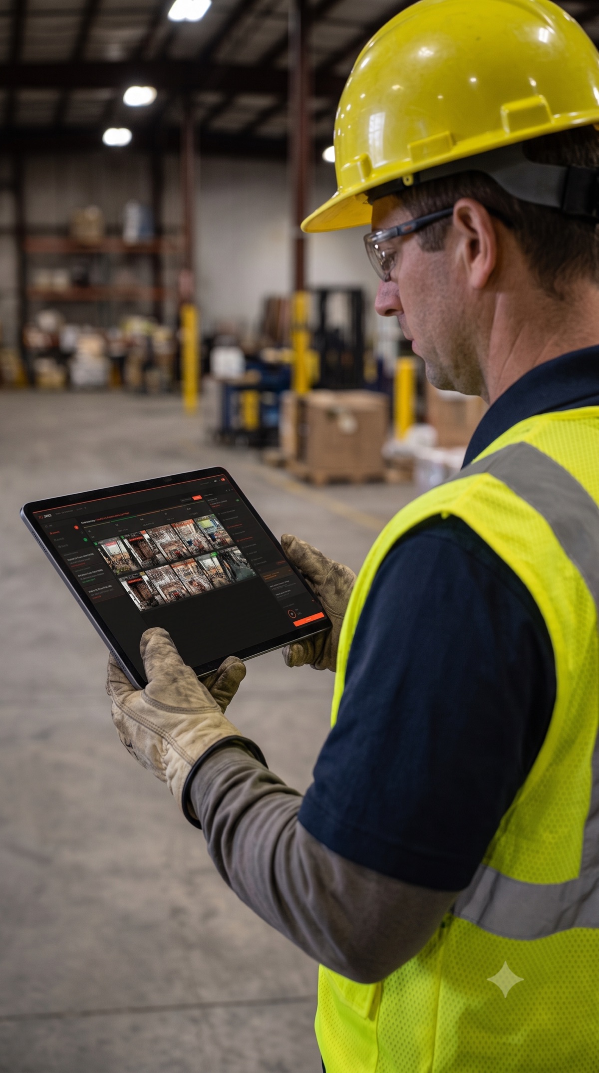 Assessor in hard hat and hi-vis reviewing a live VOC assessment grid on a tablet