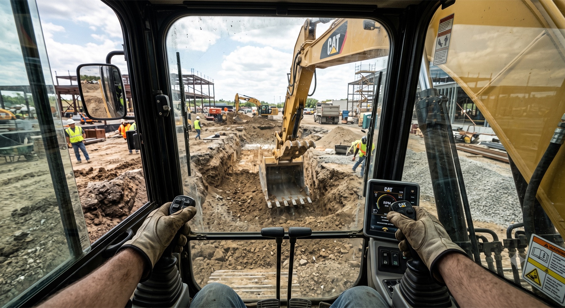 First-person view from an excavator cab, operator's gloved hands on the controls, trench and site crew ahead